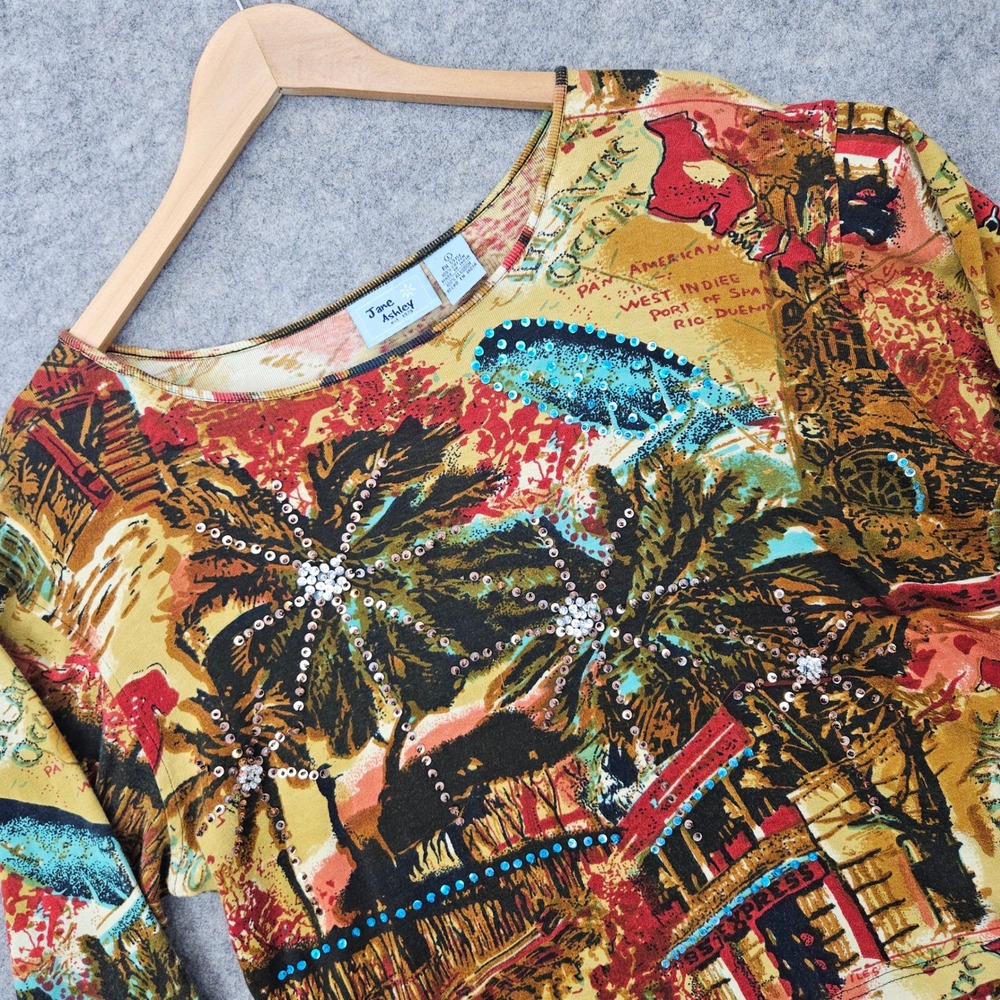 Jane Ashley Women's Multicolor Graphic Top‎ Size L 100% Cotton Beaded Sequins